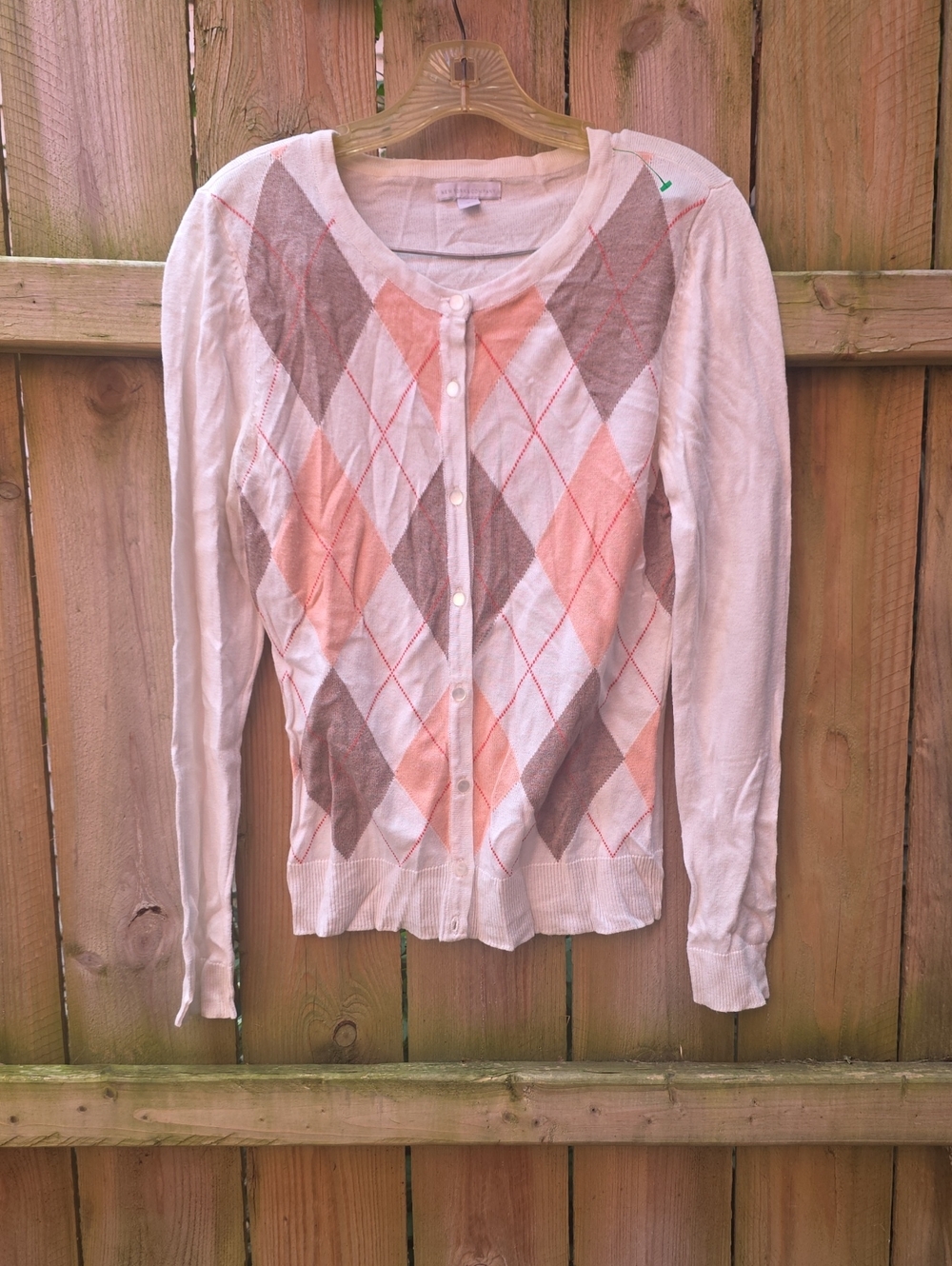 New York & Company Light Pink Argyle Button-Front Cardigan